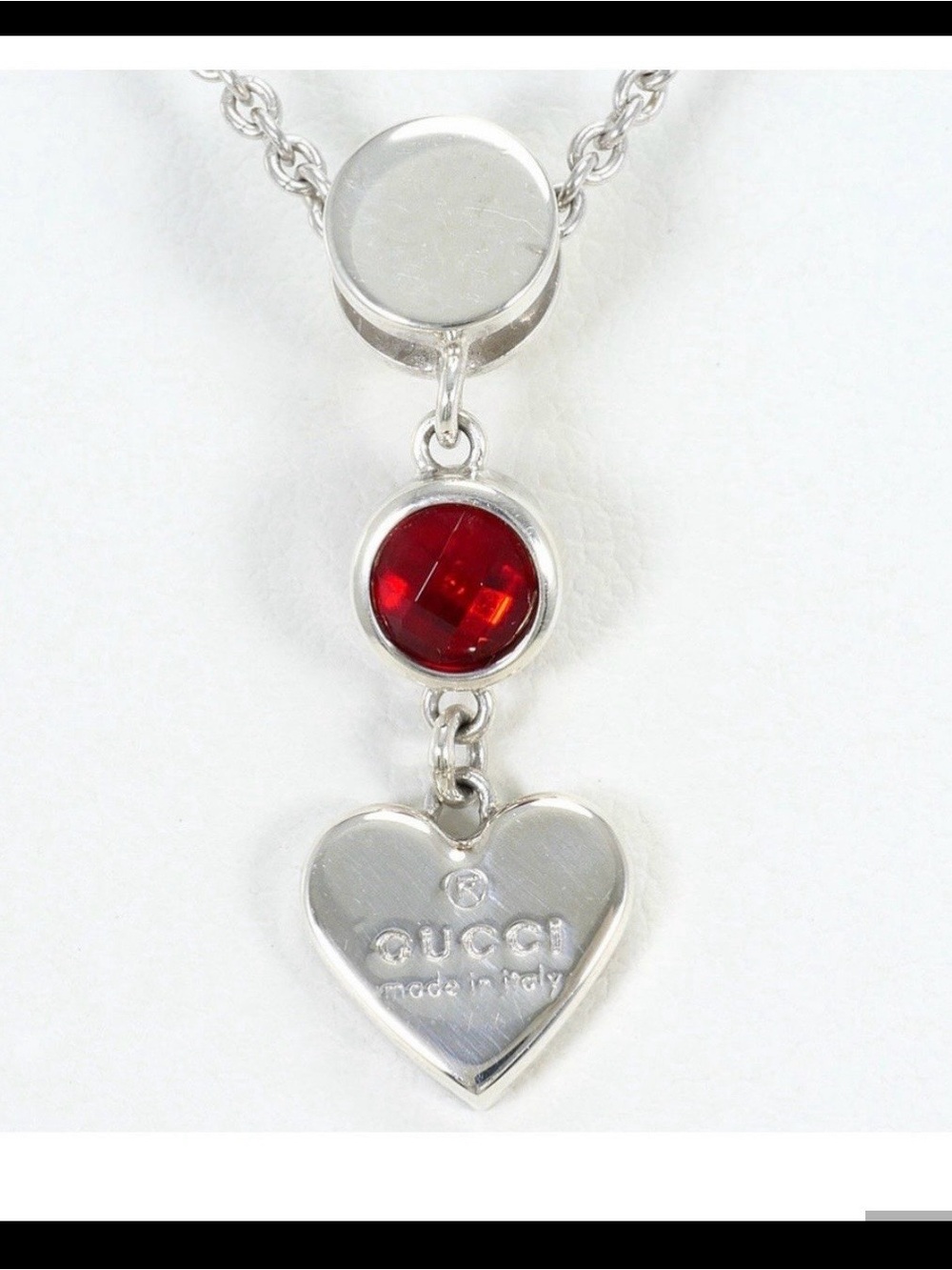 Gucci Silver Heart Pendant Necklace with Red Gem